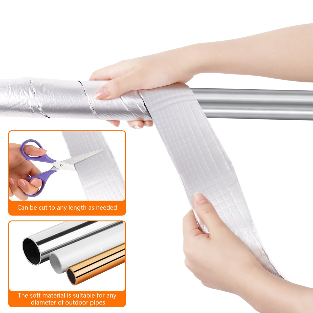 nondescript hand applying thermal tape over a pipe for winter